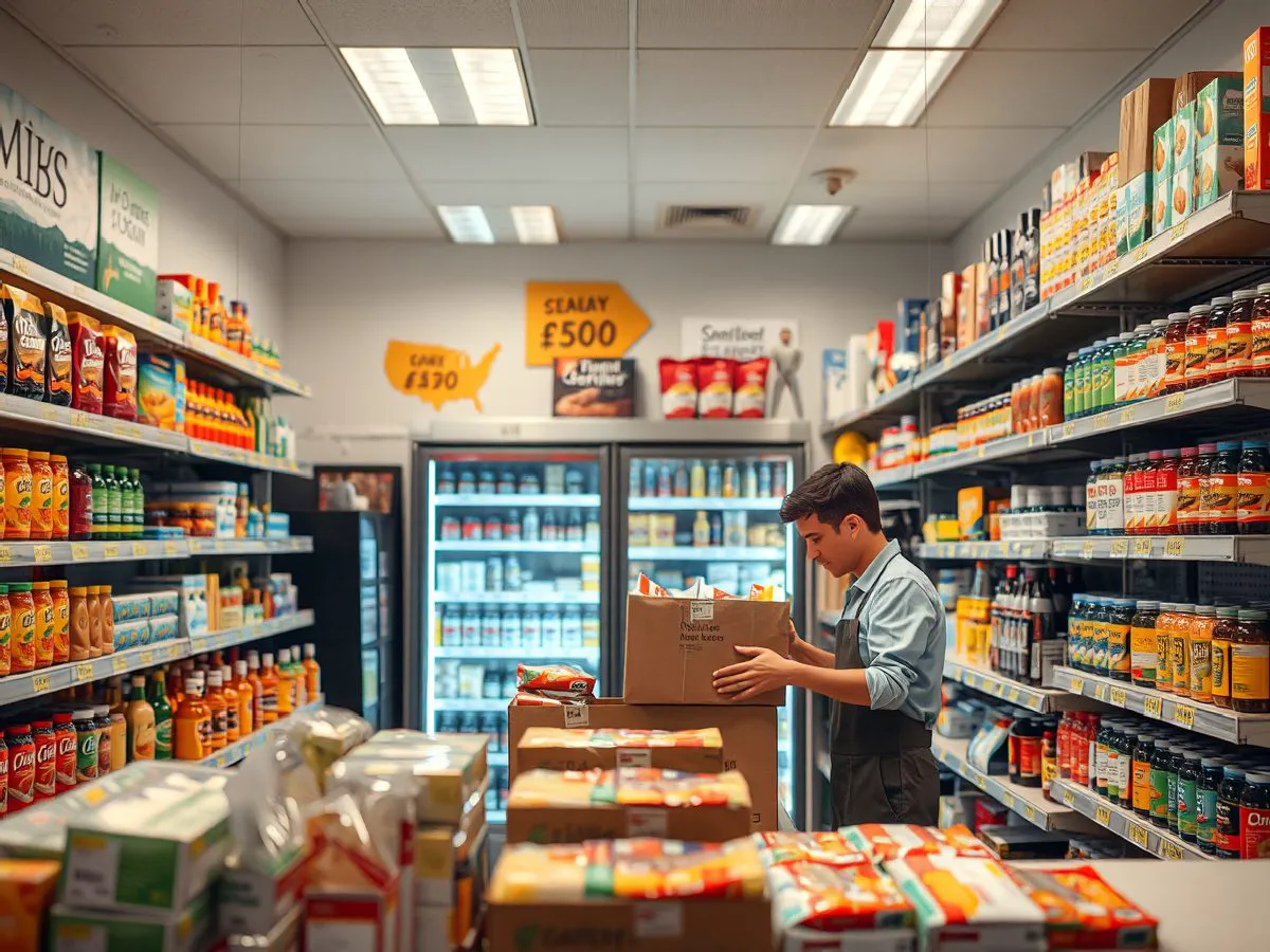 社区便利店货架补货场景,商品整齐摆放,员工正在上架