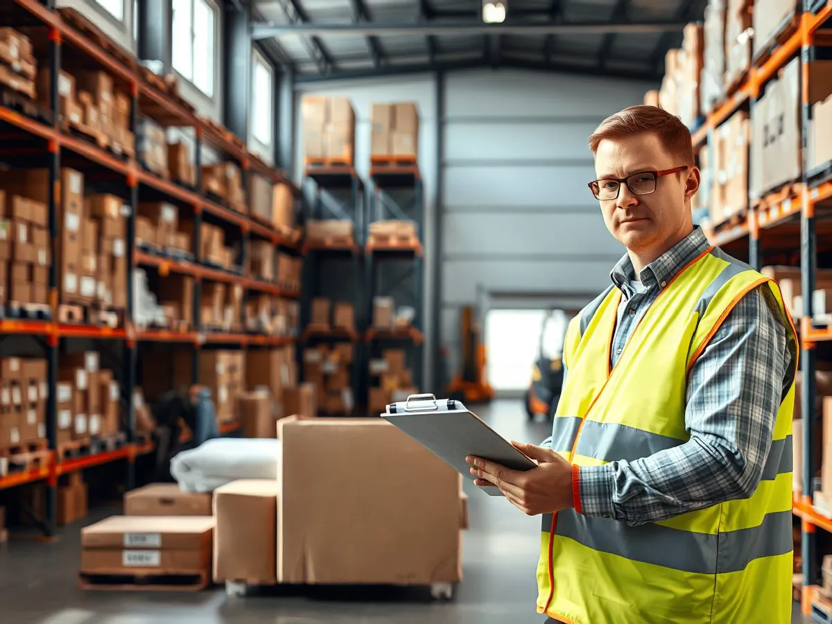 多臣名门仓库内工作人员正在检查货物,背景是整齐的货架和叉车